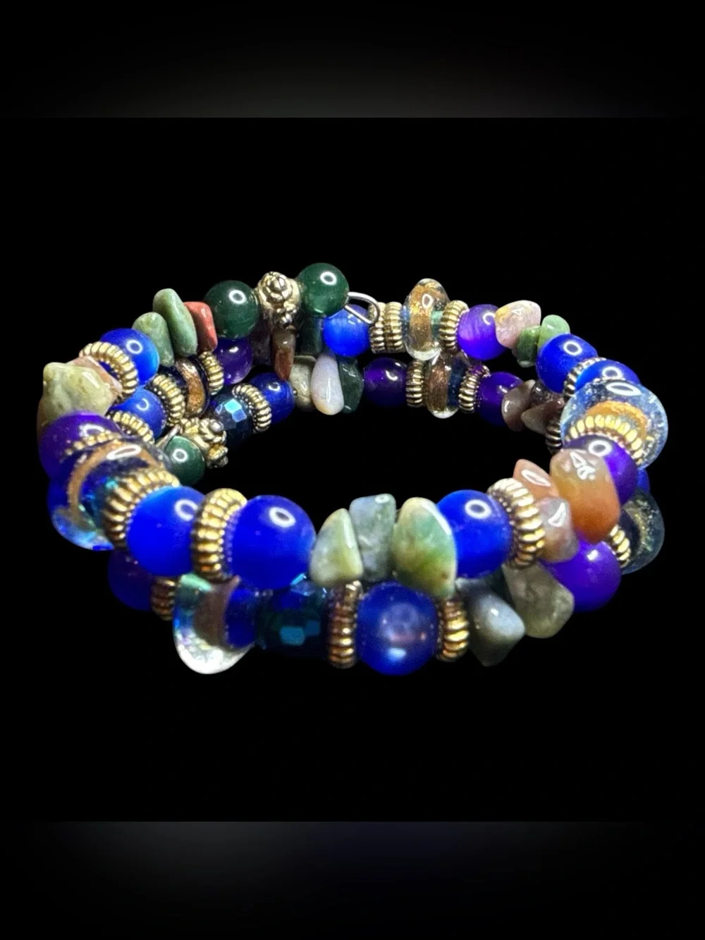 Handmade Blue Purple Cat’s Eye Glass & Gemstone Chip Memory Wire Wrap Bracelet